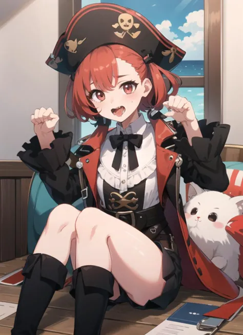 1girl,(pirate:1),red,red hair,eyepatch,deck, (masterpiece, high quality:1.2), looking at viewer,paw pose, (embarrassed:1.2), blush,bba,ahoy,saliva,