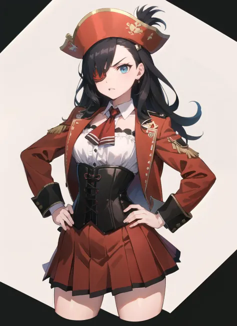 1girl,(pirate:1.1),corset,school girl,miniskirt,tsudere, (masterpiece, high quality:1.2), eyepatch,hands on hips, angry,looking looking at viewer,
