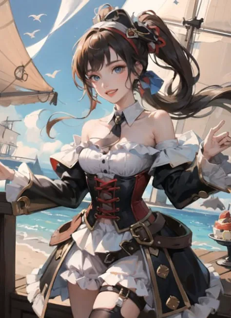 1girl,(pirate:1.1), (masterpiece, high quality:1.2), bare shoulders, dress,corset,grin, headband,