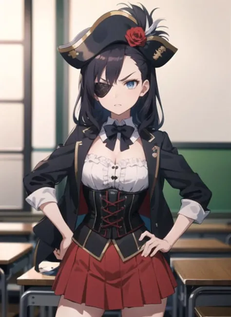 1girl,(blue pirate:1.1),corset,school girl,miniskirt,tsudere, (masterpiece, high quality:1.2), eyepatch,hands on hips, angry,looking looking at viewer, modern japan anime school classroom background