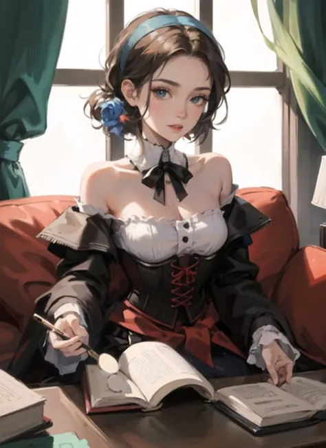 1girl,(pirate:1), (masterpiece, high quality:1.2), bare shoulders, dress,corset,victorian, headband,,london,book,looking at viewer