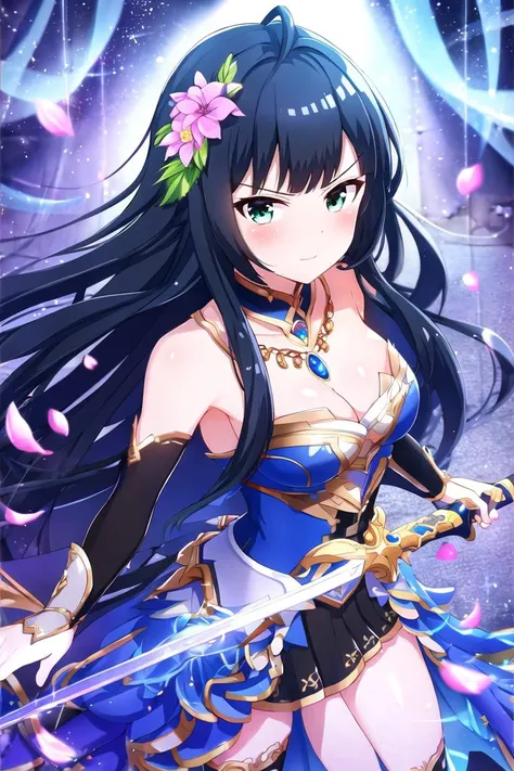 masterpiece, best quality, highly detailed background, perfect lighting, best quality, 1girl, solo, solo focus, 10s, ahoge, blue hair, long hair, bangs, green eyes, flower, hair flower, petals, hair ornament, necklace, jewelry, cleavage, collarbone, blue dress, white gloves, floral print, medium breasts, black pantyhose, thighhighs, sword, holding weapon, holding sword, black skirt, v-shaped eyebrows, closed mouth
<lora:Kusunoki-Asuha:0.8>