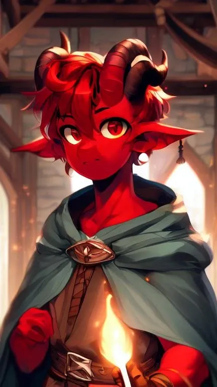 masterpiece, best quality, high quality, extremely detailed 8k wallpaper, detailed, lighting, ((realistic, photorealistic, beautiful)),
uploaded on e621, by Pino Daeni, by Ruan Jia, by Fumiko, by Levelviolet, by Supplesee,
( <lora:Tiefling_Hermes-000014:1>), (Tiefling Hermes), cape, (Red eyes), (red skin), (horn), epic, (solo), (male),
(medieval tavern interior with RPG theme, with wooden beams, stone walls, torches, and a rustic bar),
(half-length portrait, front view, face Close-up),
(detailed background, depth of field, half body shadow, ambient light),
(fantasy RPG setting, medieval fantasy, atmospheric, tavern ambiance, cozy),
(masterpiece, best quality, ultra anime, 4k, 2k, high detail:1.3, film photography, 3d artwork:1.2, blender software, soft focus, RAW photo, absurd res)