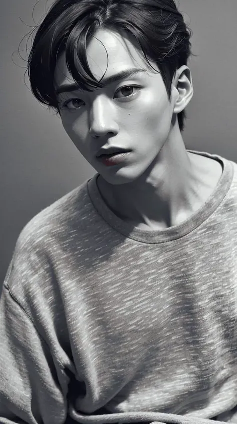 1 man, korean, RAW photo, (best quality), (photo-realistic:1.4), (masterpiece), highres, korea male_model, , expressionless , good_shoulder, fashion_model, model_pose, (black male perm hair) , ((close-up)) , (greyscale:2.0), (dark:1.6), ((handsome)), (wearing white shirts) , (black background:1.6), soft_light, Konica Hexar AF Camera, , film grain, <lora:Korean Male Model 1.0:0.9>