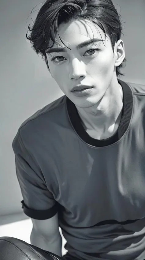 1 man, solo, korean, RAW photo, (best quality), (photo-realistic:1.4), (masterpiece), highres, korea male_model, ,  , good_shoulder, fashion_model, model_pose, , black male perm hair , (eye close-up) , (greyscale:2.0), (dark:1.6), ((handsome)), wearing formal shirts , (black background:1.8), dark background, soft_light, Yashica T4 Camera, (cropped photo), film grain, <lora:Korean Male Model 1.0:0.9>