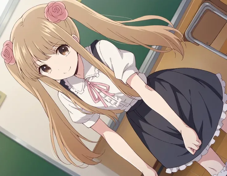 score_9, score_8_up, score_7_up, source_anime,
norikokamomebata, <lora:noriko-kamomebata-s1-ponyxl-lora-nochekaiser:1>,
noriko kamomebata, long hair, blonde hair, brown hair, hair ornament, twintails, brown eyes, flower, hair flower,
skirt, shirt, ribbon, short sleeves, frills, shoes, socks, puffy sleeves, black skirt, neck ribbon, white socks, mary janes, frilled socks,
indoors, classroom, bent over, smile,
looking at viewer, cowboy shot, dutch angle, solo,