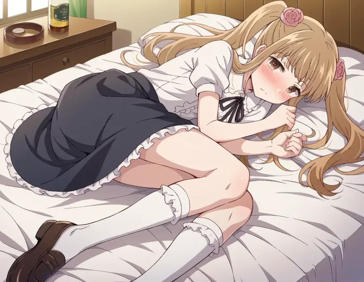 score_9, score_8_up, score_7_up, source_anime,
norikokamomebata, <lora:noriko-kamomebata-s1-ponyxl-lora-nochekaiser:1>,
noriko kamomebata, long hair, blonde hair, brown hair, hair ornament, twintails, brown eyes, flower, hair flower,
skirt, shirt, ribbon, short sleeves, frills, shoes, socks, puffy sleeves, black skirt, neck ribbon, white socks, mary janes, frilled socks,
indoors, bed, bed room, on side, blush, drunk,
looking at viewer, cowboy shot, dutch angle, solo,