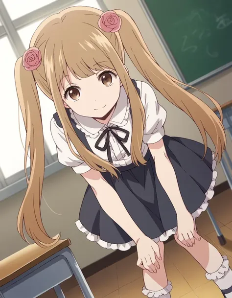 score_9, score_8_up, score_7_up, source_anime,
norikokamomebata, <lora:noriko-kamomebata-s1-ponyxl-lora-nochekaiser:1>,
noriko kamomebata, long hair, blonde hair, brown hair, hair ornament, twintails, brown eyes, flower, hair flower,
skirt, shirt, ribbon, short sleeves, frills, shoes, socks, puffy sleeves, black skirt, neck ribbon, white socks, mary janes, frilled socks,
indoors, classroom, bent over, smile,
looking at viewer, cowboy shot, dutch angle, solo,