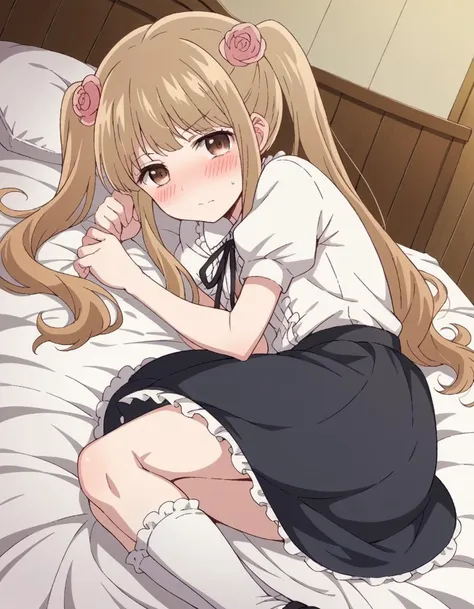 score_9, score_8_up, score_7_up, source_anime,
norikokamomebata, <lora:noriko-kamomebata-s1-ponyxl-lora-nochekaiser:1>,
noriko kamomebata, long hair, blonde hair, brown hair, hair ornament, twintails, brown eyes, flower, hair flower,
skirt, shirt, ribbon, short sleeves, frills, shoes, socks, puffy sleeves, black skirt, neck ribbon, white socks, mary janes, frilled socks,
indoors, bed, bed room, on side, blush, drunk,
looking at viewer, cowboy shot, dutch angle, solo,