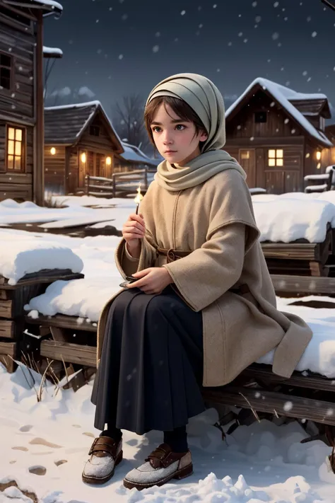 very realistic, superb resolution, ultra high definition, hyper detailed, extremely sharp, masterpiece, good composition, cinematic shot, light mapping, centered well, full body, product of imagination, the little match girl, matching shiny intricate eyes, rundown slums of medieval town in background, winter season, snow, night, sitting on ground, warming in the tiny flame of a single lit match she holds in hand, very worn medieval clothes, headscarf, alone, freezing, gloomy atmosphere, saddening scene