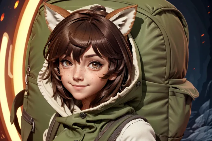 very realistic, superb resolution, ultra high definition, hyper detailed, extremely sharp, masterpiece, good composition, light mapping, subsurface scattering, chroma, centered well, facing viewer, head shot, taken with Sony Alpha a7 III camera and Sony FE 50mm f/1.2 GM lenses, close-up, liliruca arde, animal ears, (brown eyes:1.4), brown hair, (small breasts:1.2), short hair, black gloves, gloves, hood, backpack, blush, freckles, cute smile, v sign <lora:lilitest:1> <lora:RBStyle1e3:0.7> <lora:xxNIKICHENxx_v0.1a:0.8>