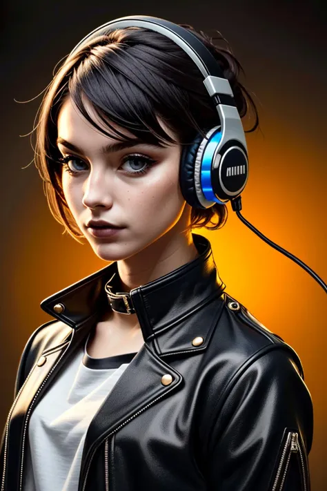 very realistic, superb resolution, ultra high definition, hyper detailed, extremely sharp, masterpiece, good composition, light mapping, chroma, centered well, vivid, vibrant, colorful, aesthetical perspective, goth punk hipster, headphones, high collar jacket, synth t-shirt