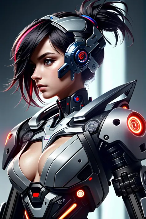 very realistic, superb resolution, ultra high definition, hyper detailed, extremely sharp, masterpiece, good composition, light mapping, chroma, centered well, vivid, vibrant, colorful, aesthetical perspective, (cyborg), cyberpunk, android, mech, visible parts, feminine structure, goth hair