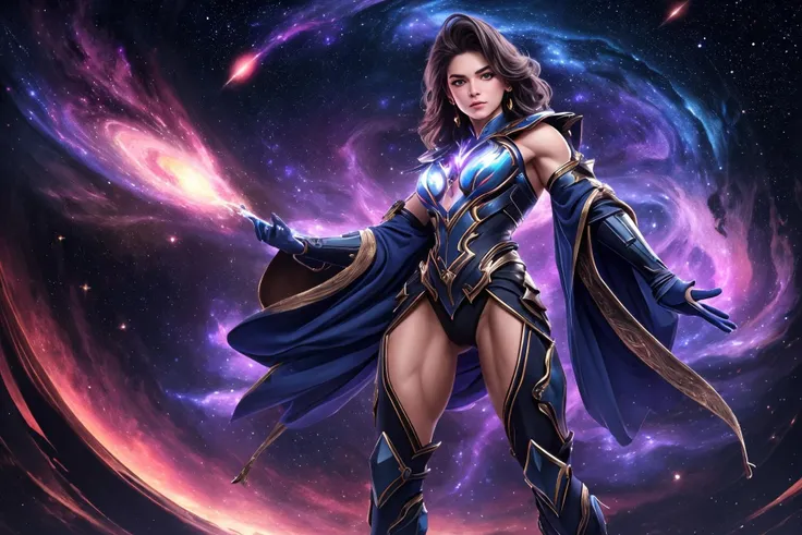 very realistic, superb resolution, ultra high definition, hyper detailed, extremely sharp, masterpiece, cinematic shot, perfect illumination, centered well, full body, fantasy, futuristic sorcerer female, glowing aura, matching shiny eyes, galaxies and nebulas in the background, celestial objects, good composition, casting magical spells and performing incantations, muscular:0.75