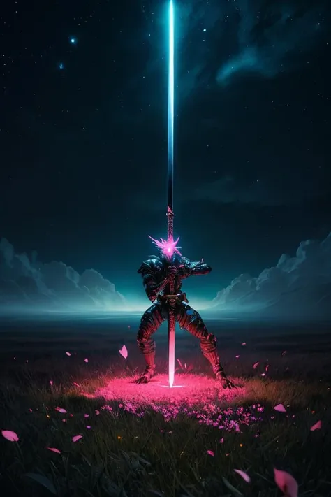 masterpiece, best quality, light particle, depth of field, field, scenery, fantasy, blue light, (far away:1.1), no humans, pastel colors, chromatic aberration abuse, glow in the dark
dark ,cloudy sky, space, red aura, aura, cinematic, dark atmosphere, night , dark hole, glowing eyes, red light, illumination, sword, floating object, monster, fighting stance, light rays, 
eye in the sky, (grass:0.9), falling petals,