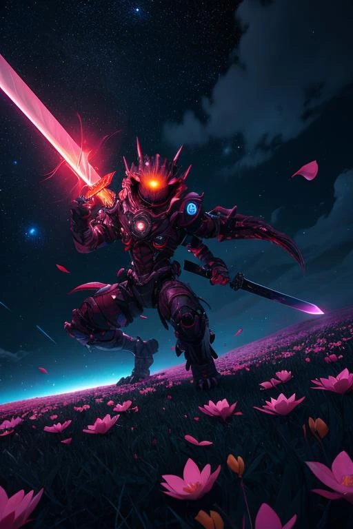 masterpiece, best quality, light particle, depth of field, field, scenery, fantasy, blue light, (far away:1.1), no humans, pastel colors, chromatic aberration abuse, glow in the dark
dark ,cloudy sky, space, red aura, aura, cinematic, dark atmosphere, night , dark hole, glowing eyes, red light, illumination, sword, floating object, monster, fighting stance, light rays,
eye in the sky, (grass:0.9), falling petals,