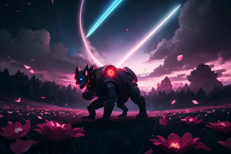 masterpiece, best quality, light particle, depth of field, field, scenery, fantasy, blue light, (far away:1.1), no humans, pastel colors, chromatic aberration abuse, glow in the dark
dark ,cloudy sky, space, red aura, aura, cinematic, dark atmosphere, night , dark hole, glowing eyes, red light, illumination, sword, floating object, monster, fighting stance, light rays,
eye in the sky, (grass:0.9), falling petals,