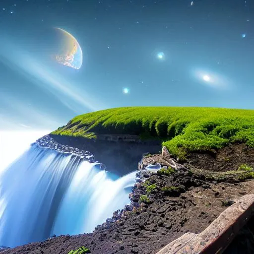 a island in outer space, water fall,