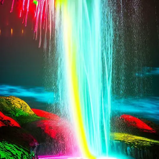 a waterfall, neon, acid art