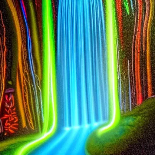 a waterfall, neon, acid art