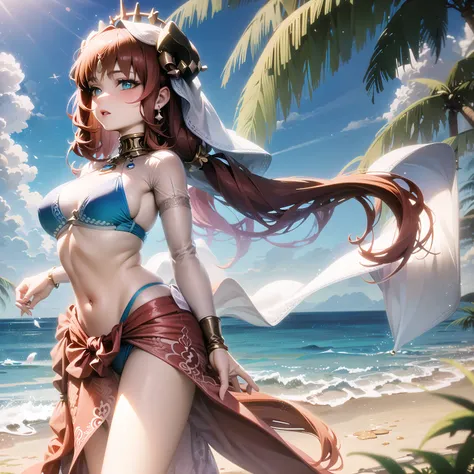 (bestquality,masterpiece), NilouGI, solo, veil, jewelry, breasts, medium_breasts, water, navel, bare_shoulders, blush, stomach, parted_lips, sky, outdoors, blue_sky, cloud, cowboy_shot, standing, cleavage, day, earrings, beach, bikini, blue_bikini, ocean, palm_tree, sarong, swimsuit, tree,<lora:NilouGI1280:1>
