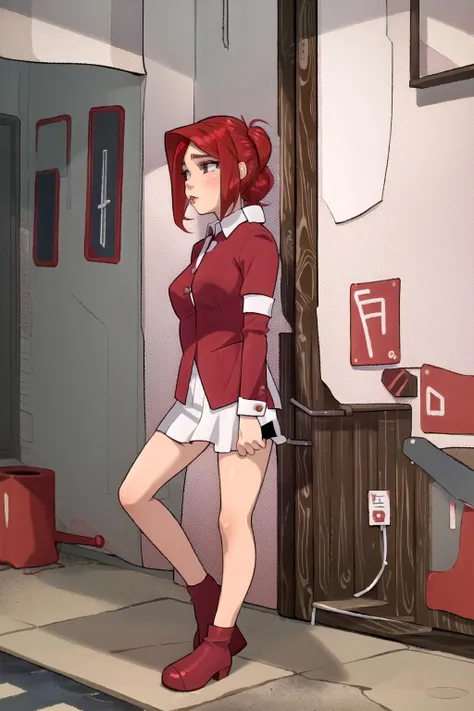 (masterpiece, best quality, masturbating girl, solo, intricate details, chromatic aberration), realistic, ((medium breath)),long hair, red hair, red decoration on the head, pink highlights, amber eyes, earrings, sharp eyes, necklace, neon shirt, ripped shorts, unbuttoned jacket, turtleneck, night, against the wall, brick wall, graffiti, dim lighting, alley, look at the viewer, (anal rape:1.4)