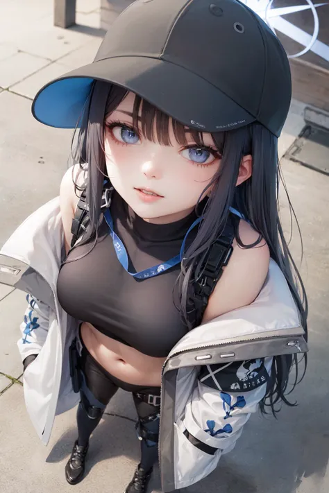 (masterpiece, best quality:1.2), <lora:ba_saori-10:1>, from above, solo, 1girl, saori \(blue archive\), mouth mask, looking at viewer, long hair, black hair, baseball cap, halo, blue eyes, open clothes, off shoulder, coat, crop top, chest harness, black pants, thigh holster, snap-fit buckle, black footwear