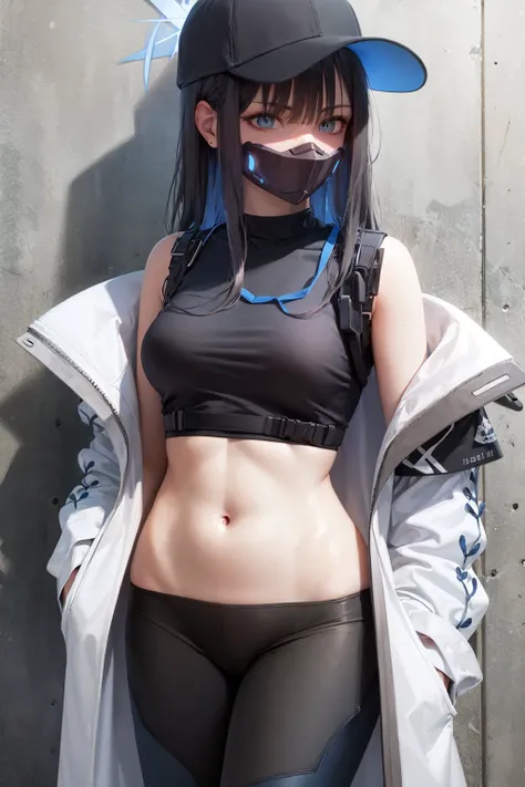 (masterpiece, best quality:1.2), <lora:ba_saori-10:1>, solo, 1girl, saori \(blue archive\), mouth mask, looking to the side, long hair, black hair, baseball cap, halo, blue eyes, open clothes, off shoulder, coat, crop top, chest harness, black pants