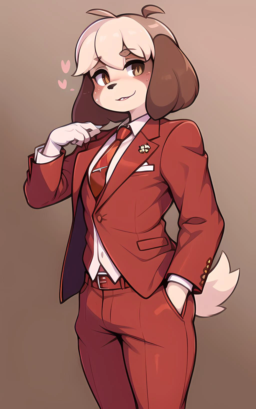 masterpiece, best quality, perfect face, perfect brown eyes with white sclera, <lora:ACDigby_v2:1>, 1boy, male, anthro, dog boy, girly, brown fur, brown hair, red jacket, suit, red pants, tie, shirt, chibi