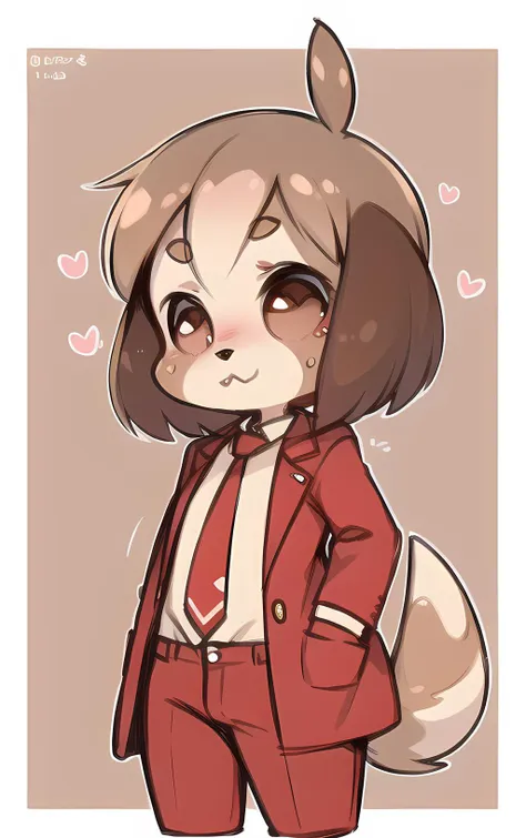 masterpiece, best quality, perfect face, perfect brown eyes with white sclera, <lora:ACDigby_v2:1>, chibi, <lora:chibiStyle_v1:1>, 1boy, male, anthro, dog boy, girly, brown fur, brown hair, red jacket, suit, red pants, tie, shirt,