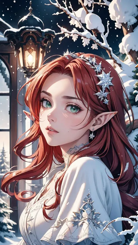 (High Quality:1.4), (Best Quality:1.4), (masterpiece:1.4), official art, official wallpaper, 4k textures,
25 year old young, elf, (pointy ears:1.2), (reddish hair:1.3), almond eyes, (green eyes), [long hair], [wavy hair], (eyeshadow:1.1), 162cm tall, oval face, snub nose, heart-shaped lips, (arched eyebrows), (skinny:1.1)
edgSnow, tree, snow, christmas tree,
(detailed:1.05), (extremely detailed:1.06), sharp focus, (intricate:1.03), (extremely intricate:1.04), (Epic scenery:1.05), (beautiful scenery:1.05), (detailed scenery:1.05), (intricate scenery:1.05), (wonderful scenery:1.05), low contrast, soft cinematic light, soothing tones, HDR, [beautiful face:0.9], [perfect eyes:0.8], [detailed skin:0.8], [detailed face:0.8], [detailed eyes:0.8], [detailed hair:0.8], [detailed lips:0.8],  <lora:edgSnowStyle:0.8>