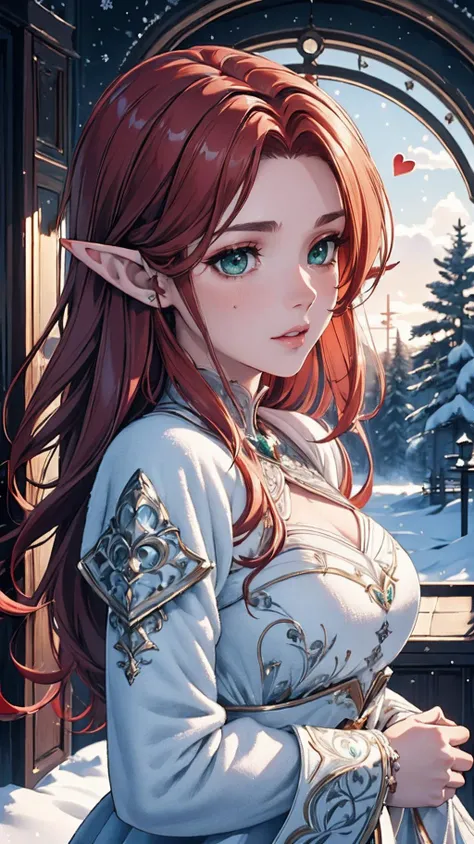 (High Quality:1.4), (Best Quality:1.4), (masterpiece:1.4), official art, official wallpaper, 4k textures,
25 year old young, elf, (pointy ears:1.2), (reddish hair:1.3), almond eyes, (green eyes), [long hair], [wavy hair], (eyeshadow:1.1), 162cm tall, oval face, snub nose, heart-shaped lips, (arched eyebrows), (skinny:1.1)
edgSnow, tree, snow, christmas tree,
(detailed:1.05), (extremely detailed:1.06), sharp focus, (intricate:1.03), (extremely intricate:1.04), (Epic scenery:1.05), (beautiful scenery:1.05), (detailed scenery:1.05), (intricate scenery:1.05), (wonderful scenery:1.05), low contrast, soft cinematic light, soothing tones, HDR, [beautiful face:0.9], [perfect eyes:0.8], [detailed skin:0.8], [detailed face:0.8], [detailed eyes:0.8], [detailed hair:0.8], [detailed lips:0.8],  <lora:edgSnowStyle:0.8>