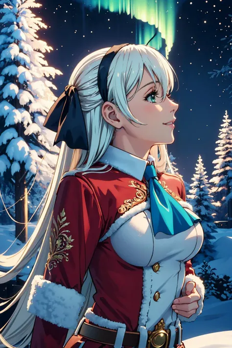 masterpiece, best quality, <lora:edgSnowStyle:1> edgSnowStyle, tree, snow, christmas tree <lora:elie-nvwls-v2-zero:0.8> elie macdowell, green eyes, hairband, blue ascot, hair ribbon, long sleeves, belt, pantyhose, smile, upper body, profile, forest, abstract background, night, looking up, aurora