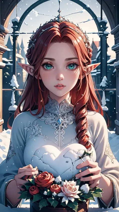 (High Quality:1.4), (Best Quality:1.4), (masterpiece:1.4), official art, official wallpaper, 4k textures,
25 year old young, elf, (pointy ears:1.2), (reddish hair:1.3), almond eyes, (green eyes), [long hair], [wavy hair], (eyeshadow:1.1), 162cm tall, oval face, snub nose, heart-shaped lips, (arched eyebrows), (skinny:1.1)
edgSnow, tree, snow, christmas tree,
(detailed:1.05), (extremely detailed:1.06), sharp focus, (intricate:1.03), (extremely intricate:1.04), (Epic scenery:1.05), (beautiful scenery:1.05), (detailed scenery:1.05), (intricate scenery:1.05), (wonderful scenery:1.05), low contrast, soft cinematic light, soothing tones, HDR, [beautiful face:0.9], [perfect eyes:0.8], [detailed skin:0.8], [detailed face:0.8], [detailed eyes:0.8], [detailed hair:0.8], [detailed lips:0.8],  <lora:edgSnowStyle:0.8>