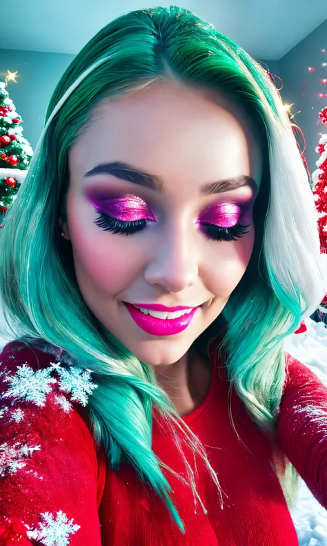 photorealistic, ultra realistic, glowing cyan hair, closed eyes,
([Mila Kunis|Emily Blunt|Ariana Grande]:0.9), 21 year old woman, 
sparkling starburst green eyes, red theme, eyeshadow, mascara, plush lips, pink lipstick, edgSnow, tree, snow, christmas tree, 
smile, straight white teeth, realistic skin texture, skin pores, shiny skin, selfie, red dress,
photo shoot, red background, alluring, attractive, amazing photograph, masterpiece, best quality,  <lora:edgSnowStyle:1>