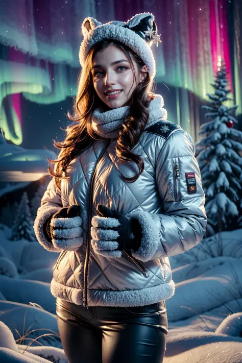 (realistic:1.3), finely detailed, quality, rembrandt lighting, (masterpiece:1.2), (photorealistic:1.2), (best quality), (detailed skin:1.3), (intricate details), dramatic, ray tracing, 1girl, french girl, 21 years old, detailed skin texture, (blush:0.5), (goosebumps:0.5), subsurface scattering, smiling, medium breasts, short hair curls, bangs, hair between eyes, fur hat, scarf, thick fluffy winter jacket, fur trimmed, fur lined mittens, thick winter pants, cowboy shot, edgSnow, tree, snow, christmas tree, (night, aurora borealis), <lora:edgSnowStyle:1>