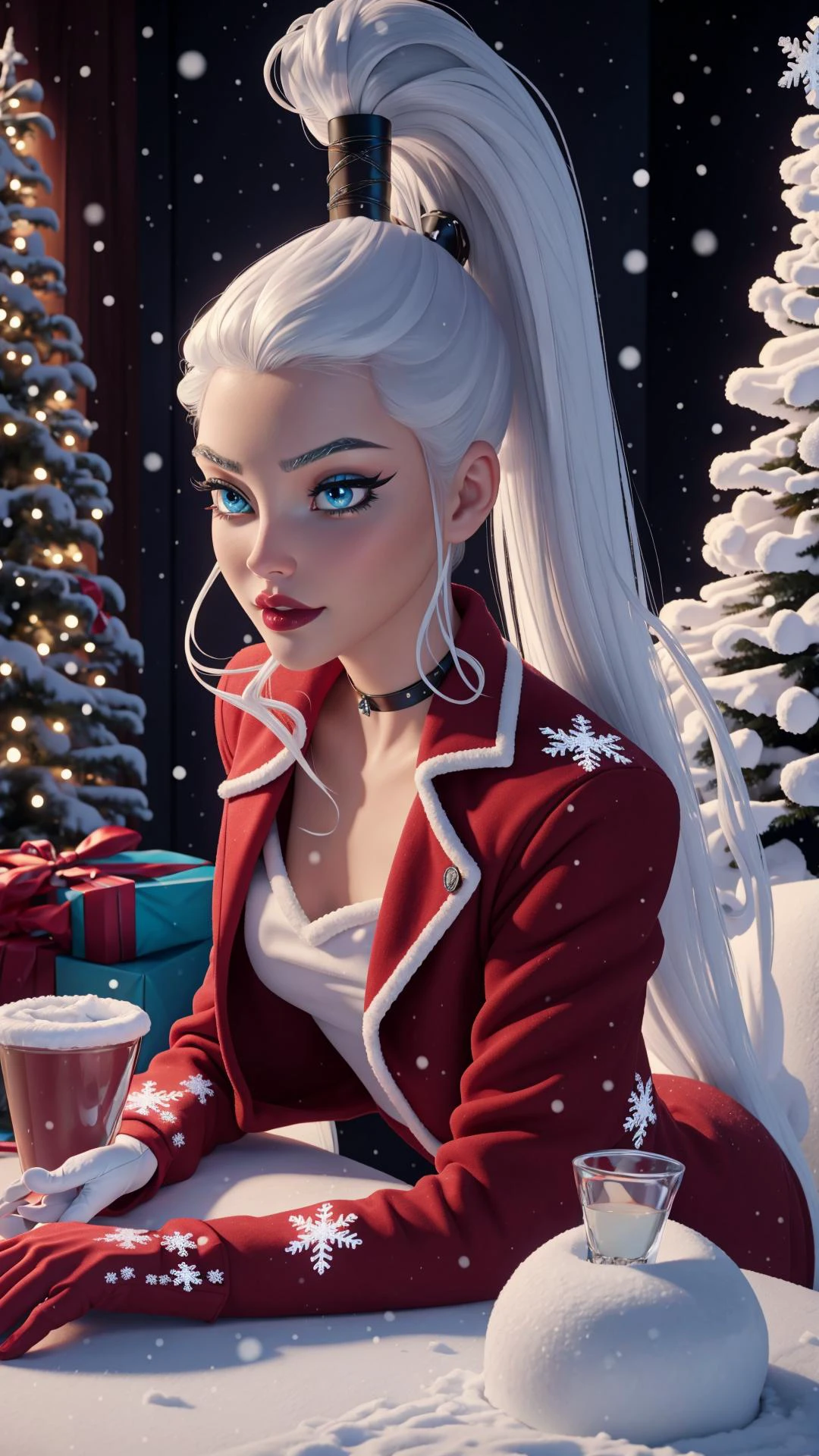 <lora:Santa Lingerie By Stable Yogi:0.8> Santa hat, Santa lingerie red, bells, jacket, gloves, BREAK, <lora:edgSnowStyle:0.5> edgSnow, tree, snow, christmas tree, snowing, snowflakes, BREAK, reaching out, <lora:WinxClubIcy-10:0.7> Icy, blue eyes, white hair, high ponytail, very long hair, (eyeshadow:1.15), medium breasts, <lora:WinxComiss_Style-15:0.2>, masterpiece, best quality, extremely detailed, (erotic, sexy, nsfw, sexual, explicit:1.25), (pornography:1.25)
