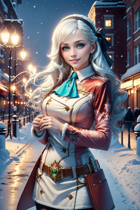 masterpiece, best quality, <lora:edgSnowStyle:1> edgSnowStyle, tree, snow, christmas tree <lora:elie-nvwls-v2-zero:0.8> elie macdowell, green eyes, hairband, blue ascot, hair ribbon, long sleeves, belt, pantyhose, cowboy shot, smile, looking at viewer, cityscape, city street, night, winter, snow