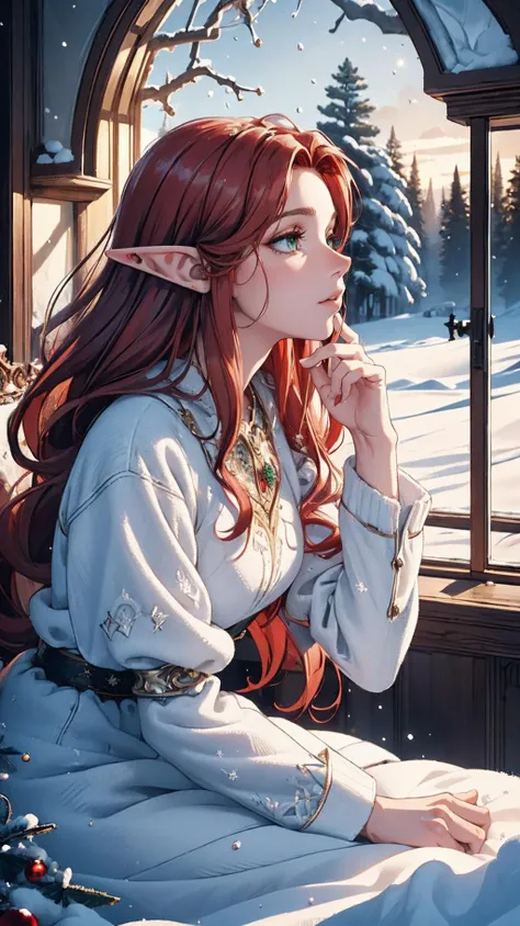 (High Quality:1.4), (Best Quality:1.4), (masterpiece:1.4), official art, official wallpaper, 4k textures,
25 year old young, elf, (pointy ears:1.2), (reddish hair:1.3), almond eyes, (green eyes), [long hair], [wavy hair], (eyeshadow:1.1), 162cm tall, oval face, snub nose, heart-shaped lips, (arched eyebrows), (skinny:1.1)
edgSnow, tree, snow, christmas tree,
(detailed:1.05), (extremely detailed:1.06), sharp focus, (intricate:1.03), (extremely intricate:1.04), (Epic scenery:1.05), (beautiful scenery:1.05), (detailed scenery:1.05), (intricate scenery:1.05), (wonderful scenery:1.05), low contrast, soft cinematic light, soothing tones, HDR, [beautiful face:0.9], [perfect eyes:0.8], [detailed skin:0.8], [detailed face:0.8], [detailed eyes:0.8], [detailed hair:0.8], [detailed lips:0.8],  <lora:edgSnowStyle:0.8>