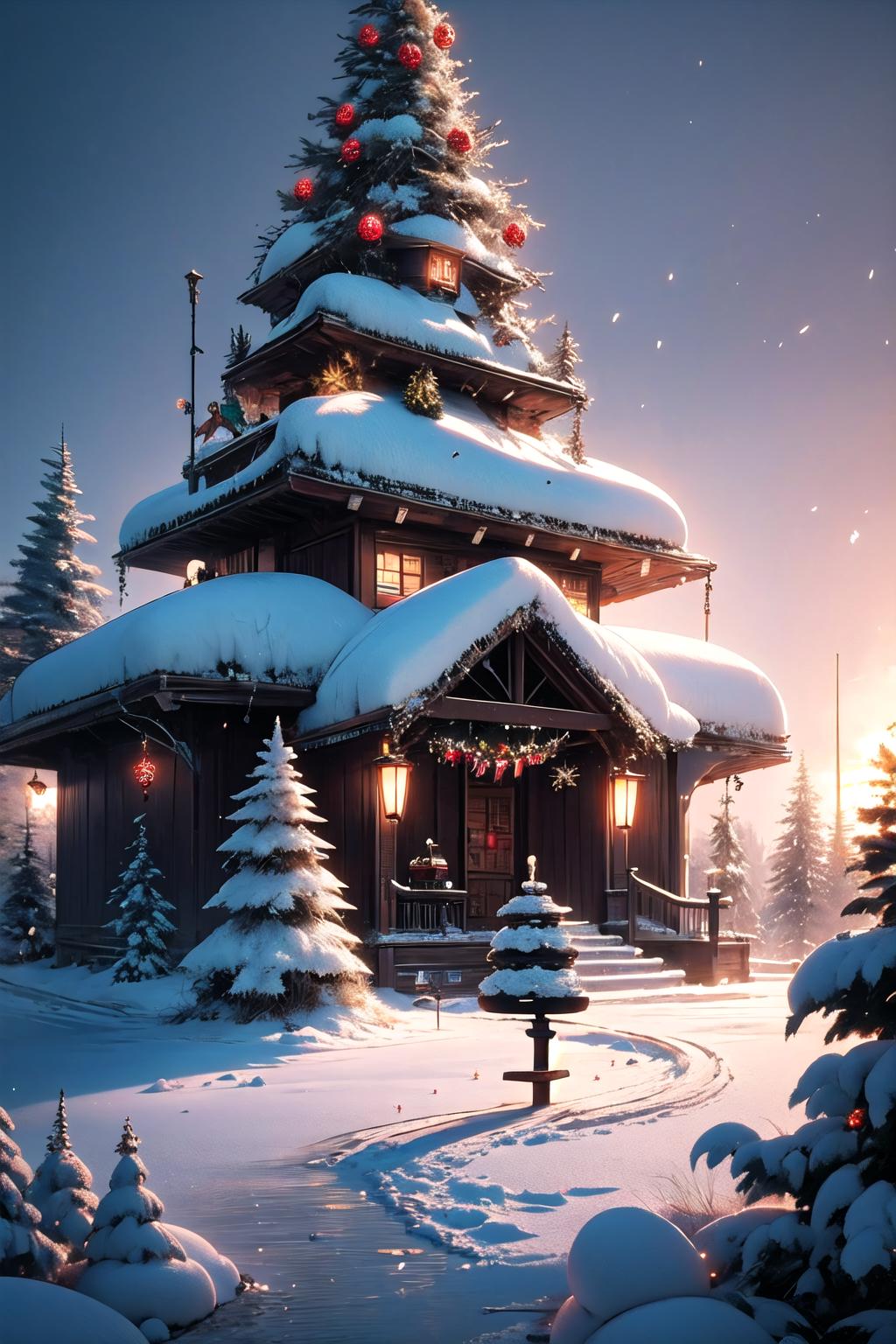 A large christmas tree is in front of a house with lights on - SeaArt AI
