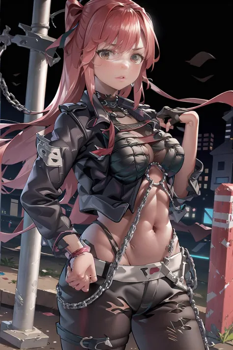 Raw photo of incredibly cute young woman, Street punk delinquent dressed in punk style, Provocative clothing. sexy, Violent, looking at the viewer, (side lock: 1.3), torn clothes, earrings, jewelry, tattoo, observatory, finely detailed background, Incredibly complex backgrounds, incredibly absurd, highest quality