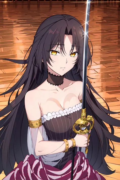 (extremely detailed CG unity 8k wallpaper),(masterpiece),(best quality),(ultra-detailed),(best illustration),(best shadow),(absurdres), <lora:sade-15:0.7>,dominique, 1girl, weapon, sword, long hair, black hair, solo, yellow eyes, bare shoulders, choker, armlet, bracelet, jewelry, cleavage, breasts, dress, very long hair
