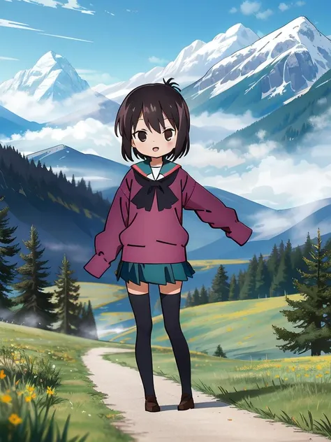 (((picture-perfect))) (toddler-sized child, alps in background, misty mountain peaks in background, disordered wild nature, 1girl, solo, full body) (((overinsanely delighted loveliness overload)))  (<lora:toru ichii, school uniform, thighhighs:1>toru ichii, school uniform, thighhighs)