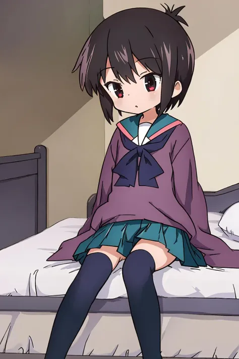 masterpiece, best quality, highly detailed, 1girl, short hair, uma, green eyes, antennae hair,indoor,bed room,night, masterpiece, expensive quality, very_expensive_solve, big_file size, full color,(completely nude:1.2),pussy,niplles,(loli kid),lying,