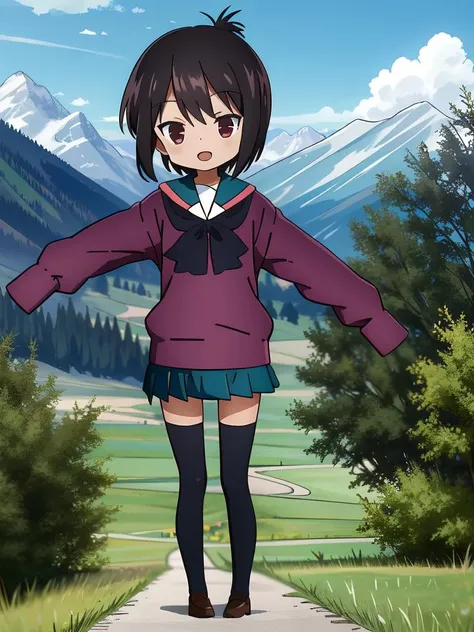 (((picture-perfect))) (toddler-sized child, alps in background, disordered wild nature, 1girl, solo, full body) (((overinsanely delighted loveliness overload))) (<lora:toru ichii, school uniform, thighhighs:1>toru ichii, school uniform, thighhighs)