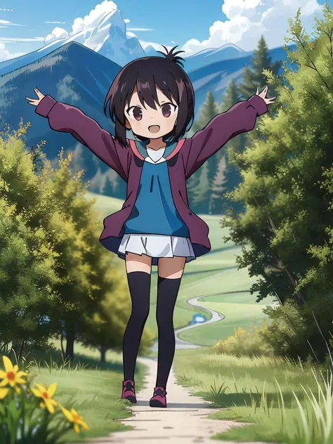 (((picture-perfect))) (toddler-sized child, alps in background, disordered wild nature, 1girl, solo, full body) (((overinsanely delighted loveliness overload))) (<lora:toru ichii, school uniform, thighhighs:1>toru ichii, summer clothes for hiking, thighhighs)