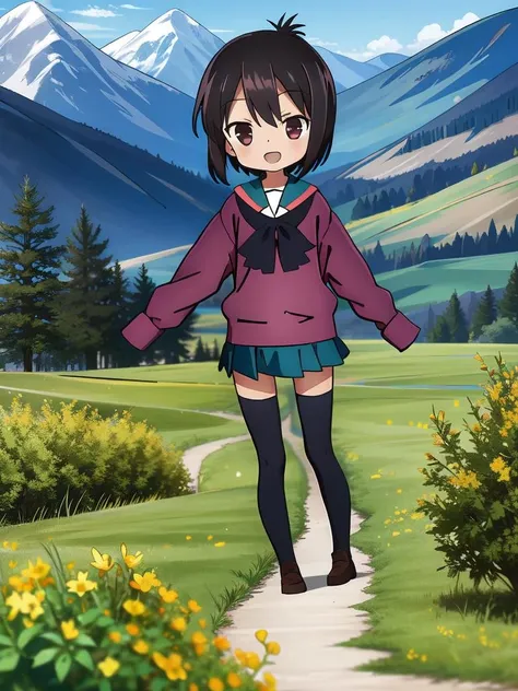 (((picture-perfect))) (toddler-sized child, alps in background, disordered wild nature, 1girl, solo, full body) (((overinsanely delighted loveliness overload))) (<lora:toru ichii, school uniform, thighhighs:1>toru ichii, school uniform, thighhighs)