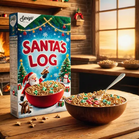cereal box with the text "Santa's Log", Christmas with a hint of brown<lora:Whimsy_Crunch_-_breakfast_of_champions:1>