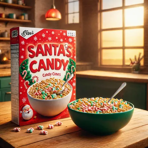 cereal box with the text "Santa's Candy Canes" <lora:Whimsy_Crunch_-_breakfast_of_champions:1>