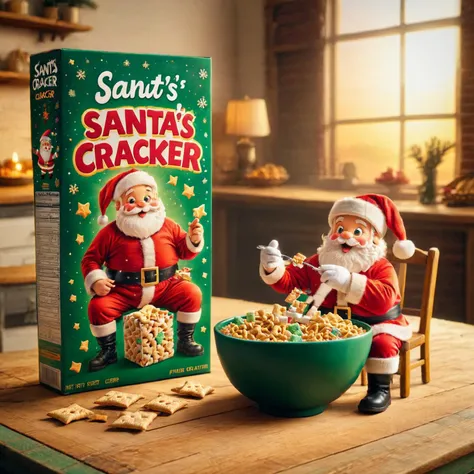 cereal box with the text "Santa's Cracker", santa with a christmas cracker between his legs<lora:Whimsy_Crunch_-_breakfast_of_champions:1>